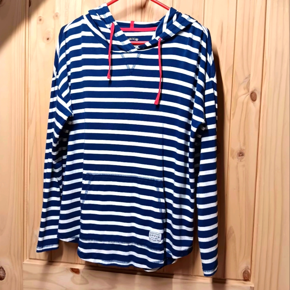Orvis Navy and White Striped Hoodie EUC